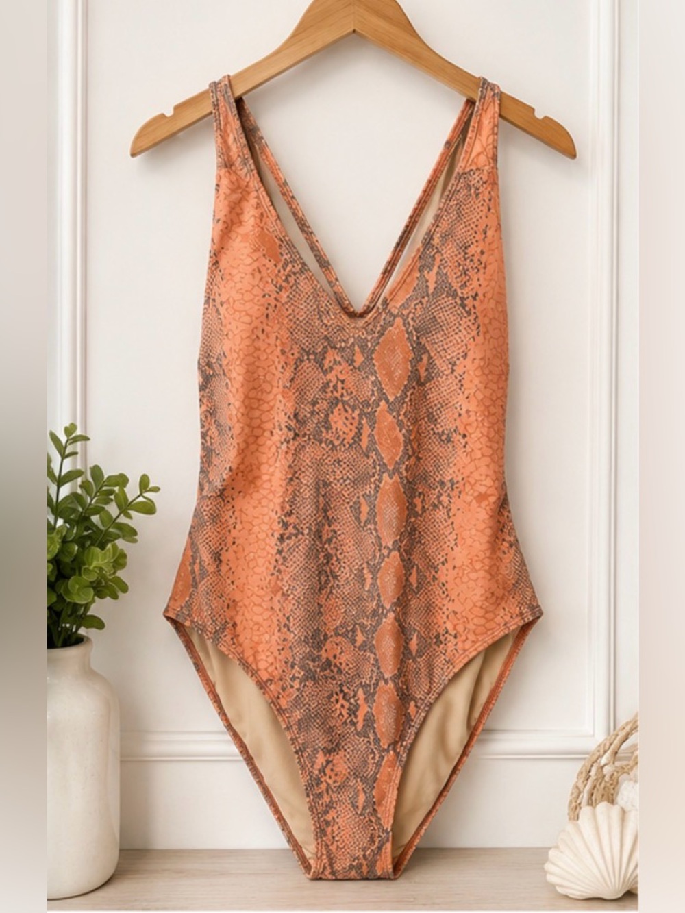 Beach Joy Bikini Snakeskin One Piece Swimsuit Peach Gray Size M